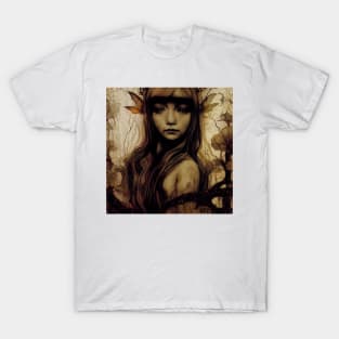 Wood Faerie in sepia with wings in her hair T-Shirt